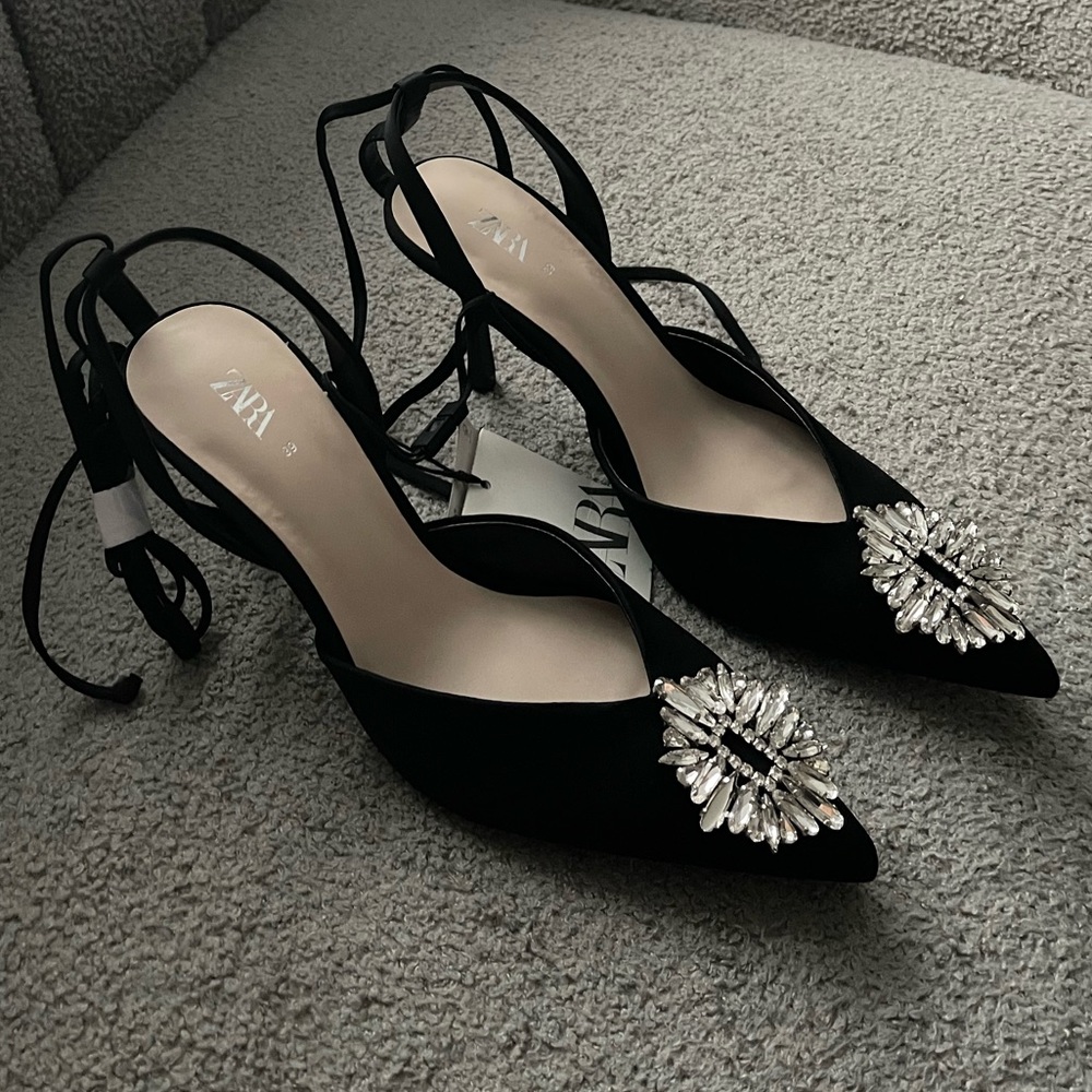 Zara Black Satin Pointed Slingback Heels with Crystal Brooch - Picture 13 of 16